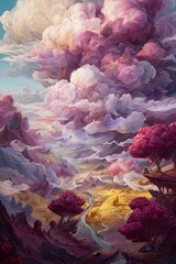 Vibrant fantastical landscape unfolds beneath dramatic, colorful cloud formations