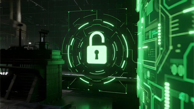 Digital lock symbol displayed on a futuristic interface with green circuitry and glowing elements in a high-tech environment - Powered by Adobe