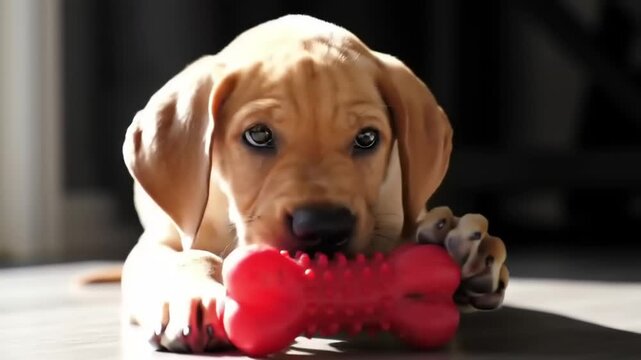 Playful puppy with red toy bone indoors pet animal domestic dog