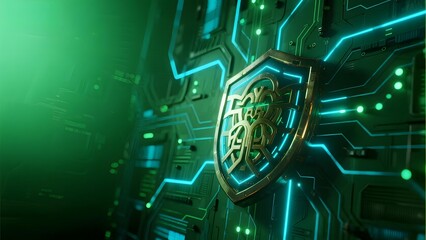 Digital circuitry with glowing shield emblem featuring intricate design and green-blue lighting