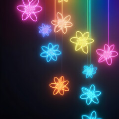 Futuristic Neon Rainbow Floral Particles Falling on Dark Background, Abstract Glowing Motion