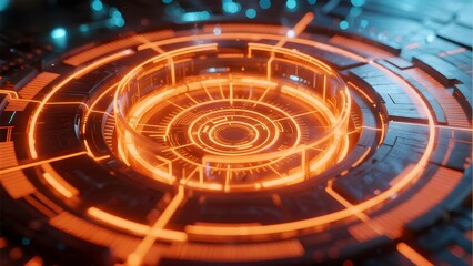 Futuristic circular interface with glowing orange circuits and digital patterns