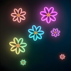 Abstract Neon Rainbow Flowers Falling on Dark Background, Futuristic Glowing Digital Motion