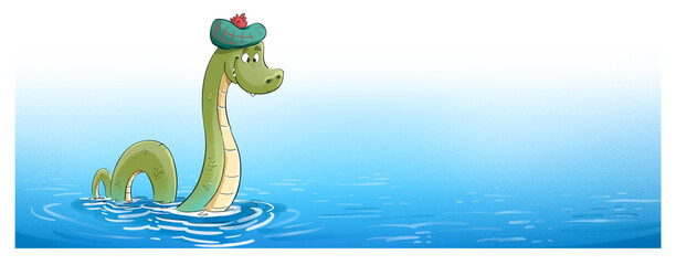Funny Loch Ness monster, background in the water