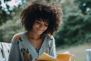Young woman with natural curly hair smiles while reading a book outdoors on a bright day
