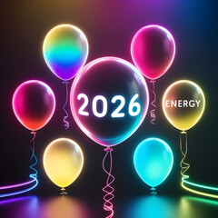 Neon Rainbow Balloons 2026, Futuristic Abstract Glow, Digital Art Background