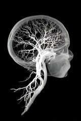 Detailed visualization of cerebral blood vessels displayed within a rendered profile of the human cranium