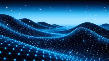 Abstract digital landscape with glowing blue waves and starry background