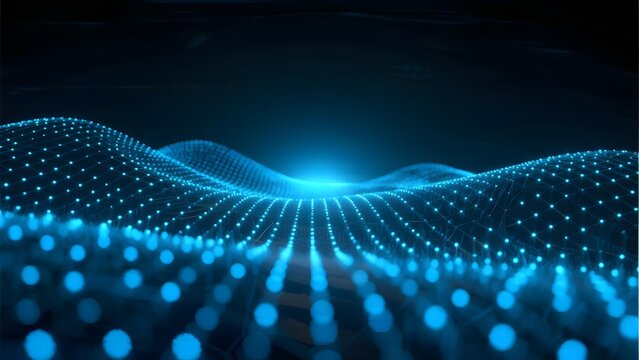 Abstract digital wave pattern with glowing blue dots forming a futuristic landscape