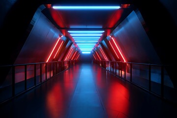 Dark futuristic tunnel illuminated by intense blue and red neon light tubes creates a dramatic perspective