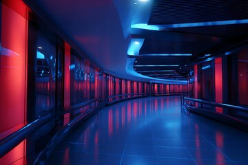 Curved futuristic interior corridor illuminated by contrasting neon lighting