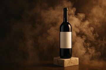 Elegant Wine Bottle Mockup with Blank Label on Marble Stand and Smoky Background