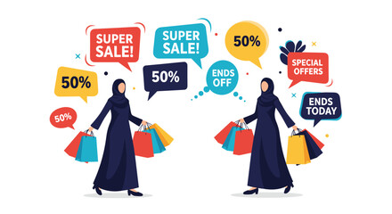 Two muslim women in traditional abayas carry colorful shopping bags while surrounded by promotional sale and discount bubbles.