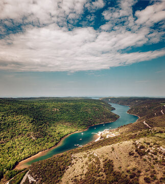 Aerial view of the winding river cutting through lush green forests and meeting the sea under a vast, open sky, Pican, Istria County, Croatia.