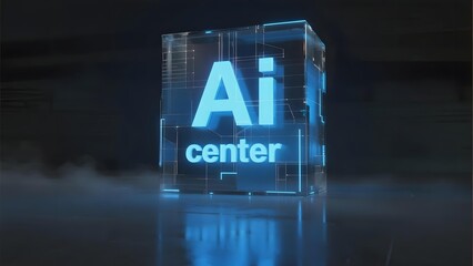 A transparent cube with 'AI center' text illuminated in blue, set against a dark background with reflections and mist.