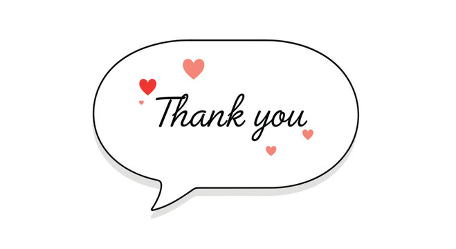 Elegant speech bubble featuring Thank you written in beautiful cursive script with several floating red and pink hearts.