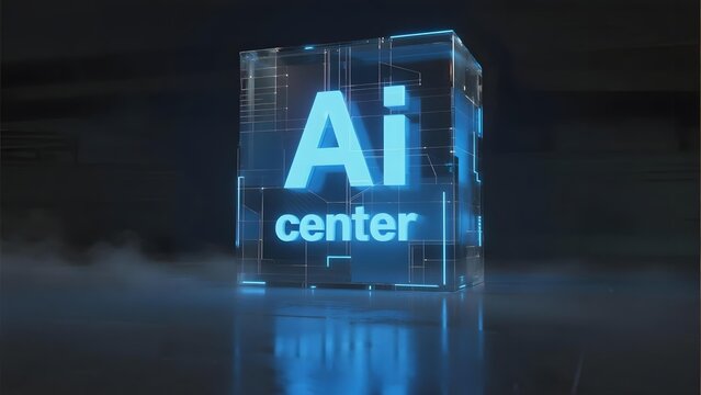 A transparent cube with 'AI center' text illuminated in blue, set against a dark background with reflections and mist. - Powered by Adobe