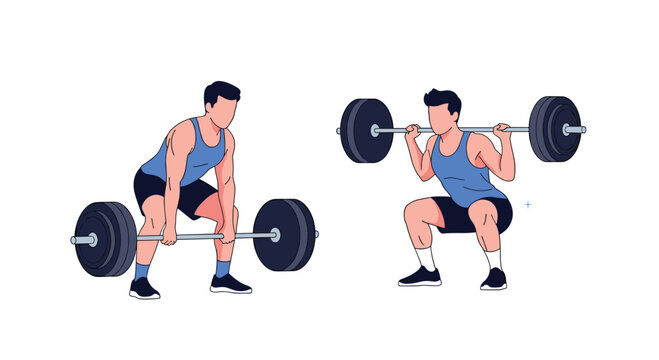 Male athlete performing barbell deadlift and back squat exercises, demonstrating strength training and proper fitness form.