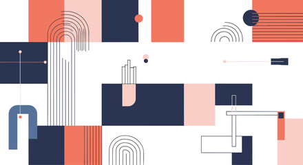 Vibrant abstract geometric background featuring various colorful shapes, lines, and patterns in a modern style.