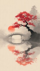 Stylized depiction features a vivid red foliage tree overlooking an arched bridge reflected in calm water near a setting sun.