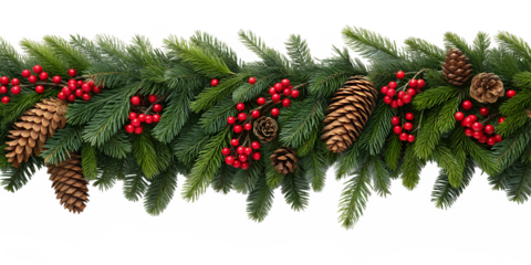 Evergreen garland with pine cones and red berries isolated on transparent background