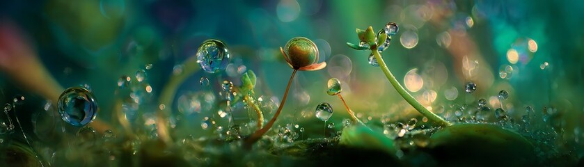 Delicate plant sprouts glisten with numerous sparkling water droplets in a verdant, luminous environment