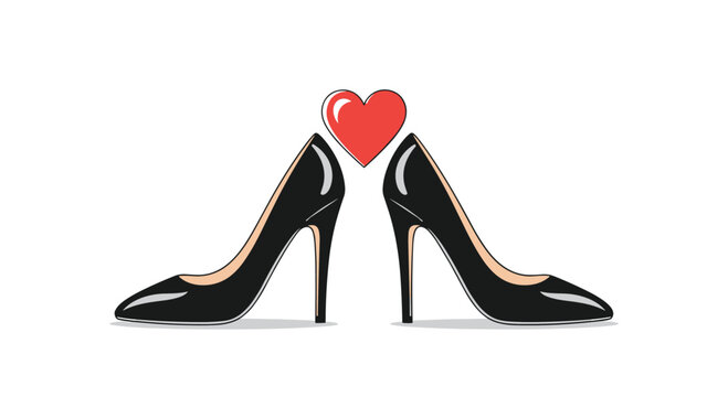 Pair of elegant black high-heeled stiletto shoes are arranged symmetrically with a bright red heart symbol between them.