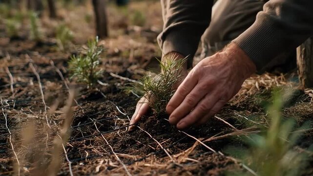 Medium shot showing an ecofriendly emu farm designer planting native vegetation around pens highlighting sustainable farming practices and natural resources.