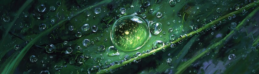 Numerous droplets rest upon the vibrant green surface of slender blades of foliage