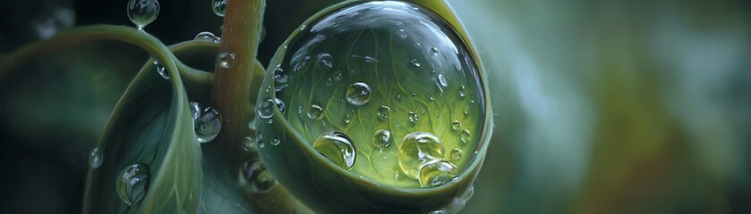 Numerous water droplets cling to a tightly furled green plant bud after rainfall