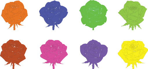 This image is a stylized, grid-based pop-art composition of a single rose silhouette repeated eight times, each instance rendered in a different bright color.