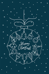 Christmas-themed vector illustration featuring intricate decorations on an ornament. The design includes bells, trees, and baubles, set on a dark background with falling snowflakes.