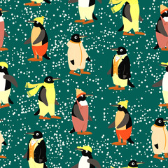 Obraz premium Vector - Pinguins seamless pattern, colorful dressed.