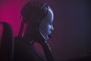 Futuristic android figure wearing a communication headset sits immersed in a dimly lit environment