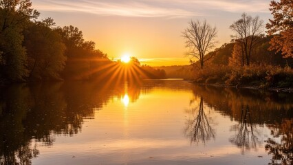 Obraz premium Tranquil river scene at sunset