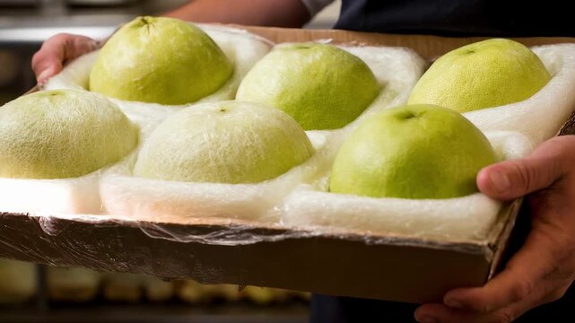 Medium shot showcasing padded pomelo packaging featuring soft foam inserts carefully securing the fruit to prevent bruising in transit with gentle handling techniques.