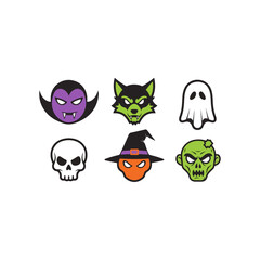 Halloween monster heads vector set, spooky cartoon icons, creepy creature illustrations, scary characters