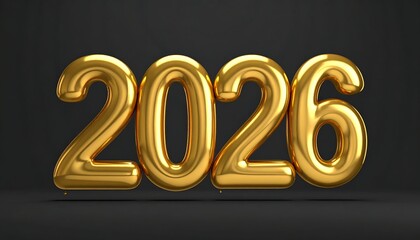 Shiny golden metallic 3D balloons forming the numerals two zero two six against a dark background