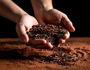 Hands holding dark chocolate shavings over a surface covered in rich cocoa powder