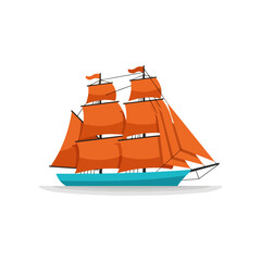 Orange Sailing Ship with Tall Masts. © goesti