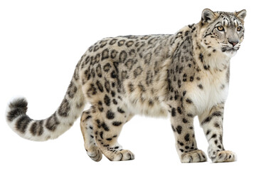 a magnificent snow leopard, Panthera uncia, with spotted fur, gracefully walking isolated on transparent background