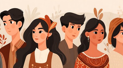 Illustration featuring a group of diverse young people, light background, soft colors, decorative leaves