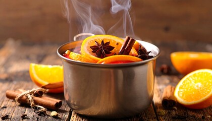 Steaming hot mulled wine in a metal pot with orange slices cinnamon and star anise