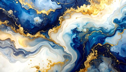 Abstract deep blue and white fluid marble background accented with flowing gold metallic veins and particles