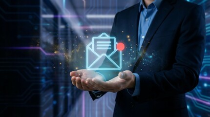 Businessman presenting digital email notification in modern workspace