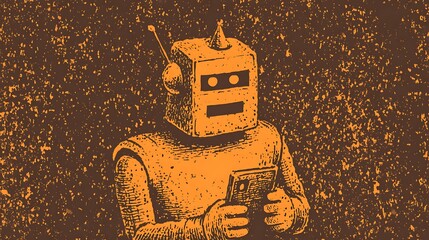 Illustration of a retro-styled robot holding a device, rendered in warm orange tones