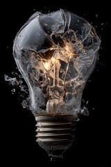 Illuminated incandescent bulb shatters dramatically amidst liquid splashing against a dark background