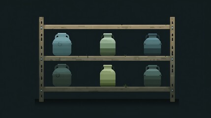 Illustration of a shelf holding six ancient-style ceramic vessels, in various muted green shades