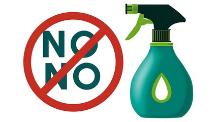 Illustration of a spray bottle next to a forbidden sign, representing a negative concept