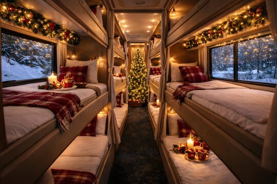 A cozy luxury sleeper bus interior beautifully decorated for Christmas, featuring bunk-style sleeping pods, festive garlands, warm string lights, holiday cushions, candles, and a Christmas tree.